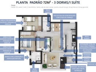 PLANTA PADRÃO 72M² - 3 DORMS/1 SUÍTE
Planta
Padrão: 3D, sendo 1 suíte + 2 dormitórios, banho, sala de estar e jantar, cozinha, área de serviço, terraço técnico, terraço gourmet
TERRAÇO
TÉCNICO
BANCADA EM GRANITO
COM CUBA E METAL
ENTREGUES
BANHO COM ILUMINAÇÃO E
VENTILAÇÃO NATURAL
PISO DA SALA DE ESTAR NIVELADO
COM O PISO DO TERRAÇO
ÁGUA
QUENTE
PASSAGEM
GOURMET
JANELA COM
BANDEIRA INFERIOR E
PERSIANA DE
ENROLAR
JANELA COM BANDEIRA
INFERIOR E PERSIANA DE
ENROLAR
ÁGUA
QUENTE
ÁGUA
QUENTE
INTEGRAÇÃO TOTAL DA
SALA COM O TERRAÇO
(FECHAMENTO SUPERIOR
DO CAIXILHO É
REMOVÍVEL)
PONTO DE TV
JANELA COM
BANDEIRA INFERIOR E
PERSIANA DE
ENROLAR
 