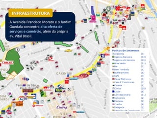 INFRAESTRUTURA
A Avenida Francisco Morato e o Jardim
Guedala concentra alta oferta de
serviços e comércio, além da própria
av. Vital Brasil.
 