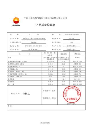 中国石油天然气股份有限公司吉林石化分公司
产品质量检验单
产 品 名 称：
产品批（罐）号：
规 格 牌 号：
质 量 指 标
检验结果
丙烯腈-丁二烯-苯乙烯(ABS)树脂
试验方法
项 目
生 产 时 间：
批 量（吨）：
生 产 单 位： 合 成 树 脂 厂
商 标：
执 行 标 准： Q/SY JH C 108.005-2015
昆 仑
检 验 时 间：
编 号：
150
GE-150
2016年2月7日
1602030
合格品
2016年2月7日
JH-票证-042-03-050
目视法
本色颗粒，不允
许夹带机械杂质
外观 本色颗粒，不允许夹
带机械杂质
ASTM D 1238
21.9
熔体质量流动速率，g/10min 19.0～24.0
ASTM D 256
20.2
悬臂梁冲击强度，kJ/m2 ≥18.0
ASTM D 1525
97
维卡软化温度，℃ ≥95.0
ASTM D 638
47.0
拉伸强度，MPa ≥44.0
ASTM D 790
78.0
弯曲强度（Ｂ型），MPa ≥75.0
ASTM D 790
2700
弯曲弹性模量（Ｂ型），MPa ≥2500
ASTM D 785
108
洛氏硬度，（R标尺） ≥105
UL-94(V)
HB
阻燃性能 HB
ASTM D 1925
26.8
黄色指数 ≤30.0
ASTM D 1925
56.7
白 度 ≥55.0
判 定 结 论：
审核(盖章)：
批准(盖章)：
合格品
穆秀云
2016年2月7日
备 注：
张林
<本证复印无效>
 