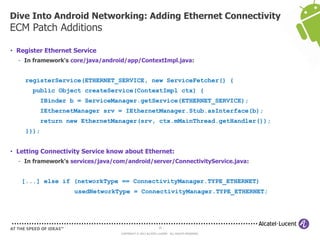 Dive Into Android Networking: Adding Ethernet Connectivity
ECM Patch Additions

• Register Ethernet Service
  - In framework's core/java/android/app/ContextImpl.java:


    registerService(ETHERNET_SERVICE, new ServiceFetcher() {
       public Object createService(ContextImpl ctx) {
         IBinder b = ServiceManager.getService(ETHERNET_SERVICE);
         IEthernetManager srv = IEthernetManager.Stub.asInterface(b);
         return new EthernetManager(srv, ctx.mMainThread.getHandler());
    }});


• Letting Connectivity Service know about Ethernet:
  - In framework's services/java/com/android/server/ConnectivityService.java:


   [...] else if (networkType == ConnectivityManager.TYPE_ETHERNET)
                    usedNetworkType = ConnectivityManager.TYPE_ETHERNET;




                                                            20

                                   COPYRIGHT © 2013 ALCATEL-LUCENT. ALL RIGHTS RESERVED.
 