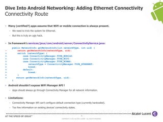 Dive Into Android Networking: Adding Ethernet Connectivity
Connectivity Route

• Many (certified?) apps assume that WiFi o...