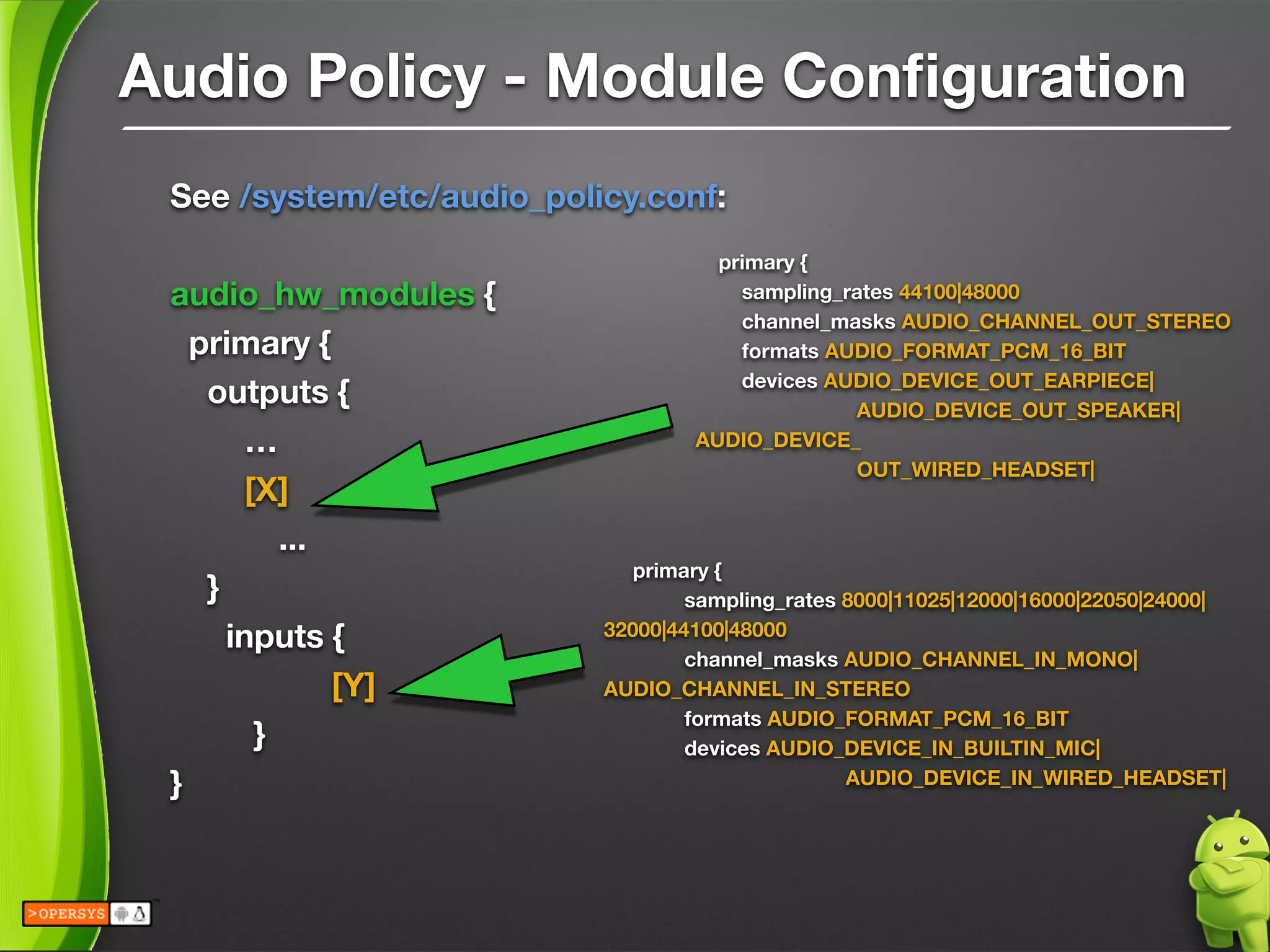 Audio Policy - Module Conﬁguration
See /system/etc/audio_policy.conf:
!
audio_hw_modules {
primary {
outputs {
…
[X]
	 ...
}
inputs {
	 	 [Y]
}
}
primary {
sampling_rates 44100|48000
channel_masks AUDIO_CHANNEL_OUT_STEREO
formats AUDIO_FORMAT_PCM_16_BIT
devices AUDIO_DEVICE_OUT_EARPIECE| 
	 	 AUDIO_DEVICE_OUT_SPEAKER|
AUDIO_DEVICE_ 
	 	 OUT_WIRED_HEADSET|	 
primary {
	 sampling_rates 8000|11025|12000|16000|22050|24000|
32000|44100|48000
	 channel_masks AUDIO_CHANNEL_IN_MONO|
AUDIO_CHANNEL_IN_STEREO
	 formats AUDIO_FORMAT_PCM_16_BIT
	 devices AUDIO_DEVICE_IN_BUILTIN_MIC|	 	  
	 	 	 AUDIO_DEVICE_IN_WIRED_HEADSET| 
	 	 	
 