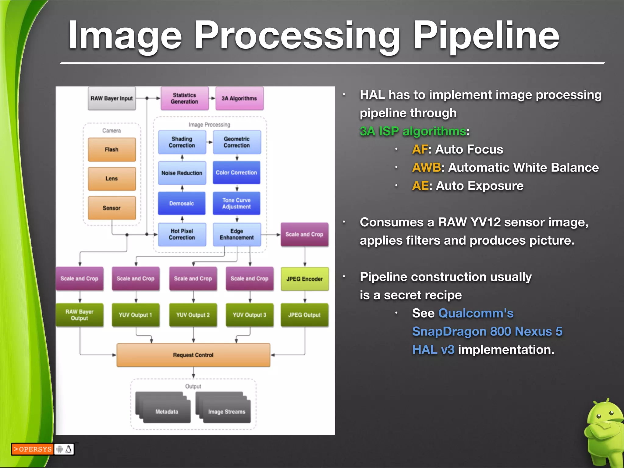 Image Processing Pipeline
• HAL has to implement image processing
pipeline through 
3A ISP algorithms:
• AF: Auto Focus
• AWB: Automatic White Balance
• AE: Auto Exposure 
• Consumes a RAW YV12 sensor image,
applies ﬁlters and produces picture. 
• Pipeline construction usually 
is a secret recipe
• See Qualcomm's 
SnapDragon 800 Nexus 5 
HAL v3 implementation.
 