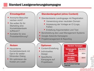 Innovative Software für die Bereiche Marketing und Kommunikation. Als Partner führender Anbieter bieten wir Ihnen zusätzlich Service & Support.Übersicht: Marketing as a Service5Wir bieten:Sie benötigen:GoogleAdwordsKampagneBesucherLeadgenerierungs-KampagneKontakte Aktivierungs-KampagneMarketing-InteressentenDemandcentreNurturingKampagneKaufinteressenten