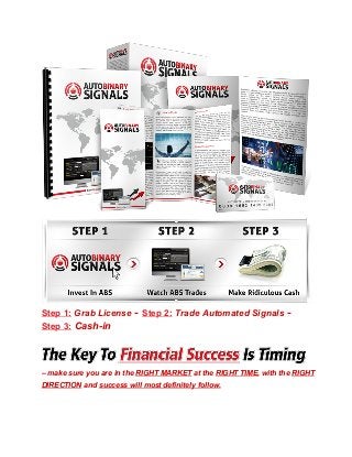 Step 1: Grab License - Step 2: Trade Automated Signals Step 3: Cash­in

– make sure you are in the RIGHT MARKET at the RIGHT TIME, with the RIGHT
DIRECTION and success will most definitely follow.

 