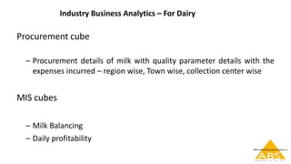 Industry Business Analytics – For Dairy
Procurement cube
– Procurement details of milk with quality parameter details with the
expenses incurred – region wise, Town wise, collection center wise
MIS cubes
– Milk Balancing
– Daily profitability
 