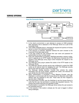 How the Connector Works 




                                       1) In the client’s environment, a user attempts to access an OAM protected
                                           Web application that is deployed on the WebLogic Server as a part of the
                                           Corporate Portal.
                                       2) Then OAM’s WebGate plug-in, intercepts the request and queries an Access
                                           Server to check if the resource is protected.
                                       3) If the resource is protected, WebGate redirects the user’s browser to the
                                           Corporate Portal login page portlet.
                                       4) In the login portlet the user presents their user name and password for
                                           authentication as they normally would.
                                       5) If the user authenticates successfully, WebGate generates a session cookie,
                                           which it appends as an HTTP header; the Web server forwards this HTTP
                                           request to the WebLogic proxy plug-in which forwards the request to the
                                           WebLogic server.
                                       6) The WebLogic proxy plug-in passes the cookie in the HTTP header to the
                                           WebLogic Server.
                                       7) The WebLogic Server's security service was configured to expect the OAM
                                           cookie as an external token for validating the user. The WebLogic security
                                           service then sets the cookie in the HTTP response.
                                       8) The WebLogic Identity Assertion Provider then extracts the cookie
                                           information from the HTTP header, validates the cookie, and retrieves the
                                           user identity from the OAM Access Server.
                                       9) When authentication is successful, a Role Mapping Provider uses the
                                           WebGate to communicate with the Access Server to determine what OAM-
                                           defined roles are assigned to this user. These roles are then mapped to
                                           security roles in WebLogic.
                                       10) The Authorization Provider uses the WebGate to ask the Access Server to
                                           verify that the user has permission to access the requested resource. The
                                           policies that protect resources are specified in OAM.
                                       11) If authorization is successful, the WebLogic Server allows the user access to
                                           the requested resource.
                                       12) In this scenario, if the cookie is already set, the user is logged in without
                                           being challenged.




www.partnersconsulting.com | 1(866) 736.5500
 