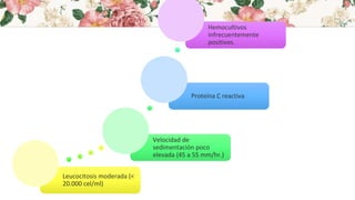 Leucocitosis moderada (<
20.000 cel/ml)
Velocidad de
sedimentación poco
elevada (45 a 55 mm/hr.)
Proteína C reactiva
Hemocultivos
infrecuentemente
positivos.
 