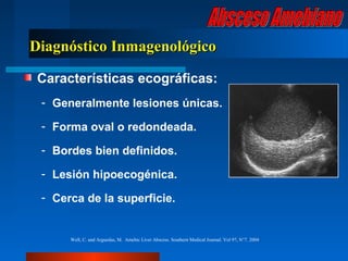 Diagnóstico Inmagenológico

 Características ecográficas:
 - Generalmente lesiones únicas.

 - Forma oval o redondeada.

 - Bordes bien definidos.

 - Lesión hipoecogénica.

 - Cerca de la superficie.


      Well, C. and Arguedas, M. Amebic Liver Abscess. Southern Medical Journal. Vol 97, N°7. 2004
 
