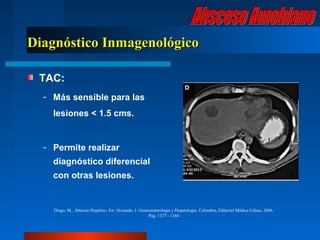 Diagnóstico Inmagenológico

 TAC:
  - Más sensible para las
    lesiones < 1.5 cms.


  - Permite realizar
    diagnóstico diferencial
    con otras lesiones.


    Diego, M., Absceso Hepático. En: Alvarado, J. Gastroenterología y Hepatología. Colombia, Editorial Médica Celsus, 2006.
                                                       Pag. 1177 - 1184
 