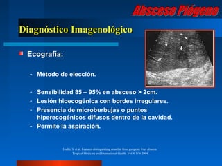 Diagnóstico Imagenológico

 Ecografía:

  - Método de elección.

  - Sensibilidad 85 – 95% en absceso > 2cm.
  - Lesión hioecogénica con bordes irregulares.
  - Presencia de microburbujas o puntos
    hiperecogénicos difusos dentro de la cavidad.
  - Permite la aspiración.


            Lodhi, S. et al. Features distinguishing amoebic from pyogenic liver abscess.
                   Tropical Medicine and International Health. Vol 9. N°6 2004.
 