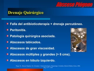 Drenaje Quirúrgico

 Falla del antibioticoterapia + drenaje percutáneo.
 Peritonitis.
 Patología quirúrgica asociada.
 Abscesos tabicados.
 Abscesos de gran viscosidad.
 Abscesos múltiples y grandes (> 6 cms).
 Abscesos en lóbulo izquierdo.
     Diego, M., Absceso Hepático. En: Alvarado, J. Gastroenterología y Hepatología. Colombia, Editorial Médica Celsus, 2006.
                                                        Pag. 1177 - 1184
 