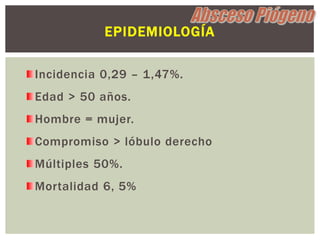 EPIDEMIOLOGÍA

Incidencia 0,29 – 1,47%.
Edad > 50 años.
Hombre = mujer.
Compromiso > lóbulo derecho
Múltiples 50%.
Mortalidad 6, 5%
 