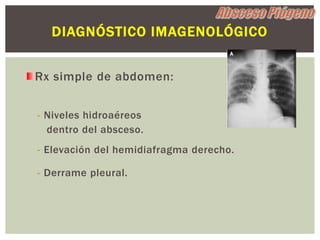 DIAGNÓSTICO IMAGENOLÓGICO


Rx simple de abdomen:


- Niveles hidroaéreos
  dentro del absceso.
- Elevación del hemidiafragma derecho.

- Derrame pleural.
 