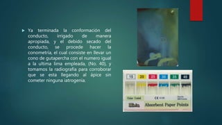  Ya terminada la conformación del
conducto, irrigado de manera
apropiada, y el debido secado del
conducto, se procede hacer la
conometría, el cual consiste en llevar un
cono de gutapercha con el numero igual
a la ultima lima empleada, (No. 40), y
tomamos la radiografía para corroborar
que se esta llegando al ápice sin
cometer ninguna iatrogenia.
 