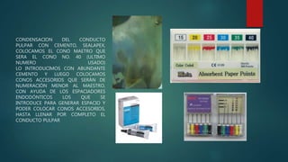 CONDENSACION DEL CONDUCTO
PULPAR CON CEMENTO, SEALAPEX,
COLOCAMOS EL CONO MAETRO QUE
SERA EL CONO NO. 40 (ULTIMO
NUMERO USADO)
LO INTRODUCIMOS CON ABUNDANTE
CEMENTO Y LUEGO COLOCAMOS
CONOS ACCESORIOS QUE SERÁN DE
NUMERACIÓN MENOR AL MAESTRO,
CON AYUDA DE LOS ESPACIADORES
ENDODÓNTICOS LOS QUE SE
INTRODUCE PARA GENERAR ESPACIO Y
PODER COLOCAR CONOS ACCESORIOS,
HASTA LLENAR POR COMPLETO EL
CONDUCTO PULPAR
 