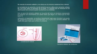 Se mezcla el cemento sellador y se coloca en el conducto mediante lima o léntulo.
La consistencia es parecida a la del cemento que se utiliza para cementar prótesis
fija, que hace hebra al separarlo de la loseta. La cantidad que se introduce es tal
que la pared del conducto quede recubierta en su totalidad.
Con un poco de cemento sellador en la punta del cono se introduce nuevamente
al conducto con movimientos de vaivén hasta que llegue a la marca que se hizo
(paso 4).
Utilizando un espaciador, se produce lateralmente lugar para introducir una punta
de gutapercha accesoria (no estandarizada) con un poco del cemento sellador. Se
repite este paso hasta que se llena el conducto.
Cemento sellador de conductos
Condensación lateral
 