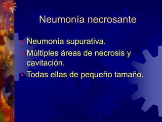 Neumonía necrosante
 Neumonía supurativa.
 Múltiples áreas de necrosis y
cavitación.
 Todas ellas de pequeño tamaño.
 