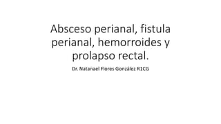 Absceso perianal, fistula
perianal, hemorroides y
prolapso rectal.
Dr. Natanael Flores González R1CG
 
