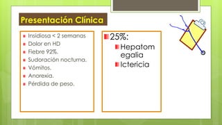 Presentación Clínica
Insidiosa < 2 semanas
Dolor en HD
Fiebre 92%.
Sudoración nocturna.
Vómitos.
Anorexia.
Pérdida de peso.
25%:
Hepatom
egalia
Ictericia
 