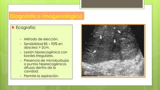 Diagnóstico Imagenológico
Ecografía:
- Método de elección.
- Sensibilidad 85 – 95% en
absceso > 2cm.
- Lesión hipoecogénica con
bordes irregulares.
- Presencia de microburbujas
o puntos hiperecogénicos
difusos dentro de la
cavidad.
- Permite la aspiración.
 