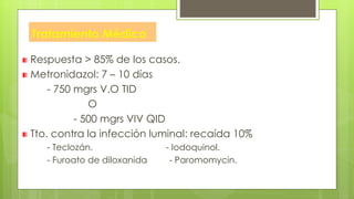 Tratamiento Médico
Respuesta > 85% de los casos.
Metronidazol: 7 – 10 días
- 750 mgrs V.O TID
O
- 500 mgrs VIV QID
Tto. contra la infección luminal: recaída 10%
- Teclozán. - Iodoquinol.
- Furoato de diloxanida - Paromomycin.
 