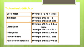 Tratamiento Médico
Secnidazol 500 mgs c / 8 hs x 5 días
Tinidazol 600 mgrs c/12 hs ó
800 mgrs c/8 hs x 5 días
Cloroquina
600 mgrs c/ 6 hs x 2 días,
luego
300 mgrs c/6 x 14 – 21 d
Iodoquinol 650 mgrs c/8 hs x 20 días
Paromomicina 500 mgrs c/8 hs x 7 días
Furoato de diloxanida 500 mgrs c/8 hs x 10 días
 