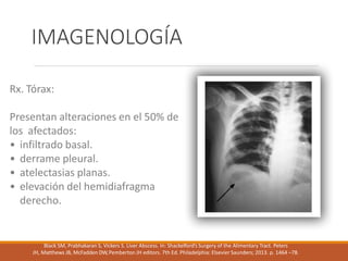 IMAGENOLOGÍA
Rx. Tórax:
Presentan alteraciones en el 50% de
los afectados:
• infiltrado basal.
• derrame pleural.
• atelectasias planas.
• elevación del hemidiafragma
derecho.
Black SM, Prabhakaran S, Vickers S. Liver Abscess. In: Shackelford’s Surgery of the Alimentary Tract. Peters
JH, Matthews JB, McFadden DW,Pemberton JH editors. 7th Ed. Philadelphia: Elsevier Saunders; 2013. p. 1464 –78.
 