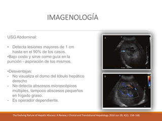 IMAGENOLOGÍA
USG Abdominal:
• Detecta lesiones mayores de 1 cm
hasta en el 90% de los casos.
•Bajo costo y sirve como guía en la
punción - aspiración de los mismos.
•Desventajas:
- No visualiza el domo del lóbulo hepático
derecho
- No detecta abscesos microscópicos
múltiples, tampoco abscesos pequeños
en hígado graso.
- Es operador dependiente.
The Evolving Nature of Hepatic Abscess: A Review, J Clinical and Translational Hepatology. 2016 Jun 28; 4(2): 158–168.
 