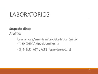 -Dx: -Sospecha clínica
-Analitica
Leucocitosis/anemia microcítica hipocrómico.
-↑ FA(76%)/ Hipoalbuminemia
- Si ↑ BLR , AST y ALT ( riesgo deruptura)
49
LABORATORIOS
-Sospecha clínica
-Analitica
Leucocitosis/anemia microcítica hipocrómico.
-↑ FA (76%)/ Hipoalbuminemia
- Si ↑ BLR , AST y ALT ( riesgo deruptura)
 
