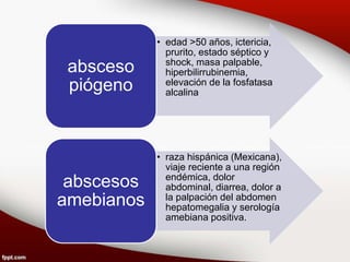 • edad >50 años, ictericia,
prurito, estado séptico y
shock, masa palpable,
hiperbilirrubinemia,
elevación de la fosfatasa
alcalina
absceso
piógeno
• raza hispánica (Mexicana),
viaje reciente a una región
endémica, dolor
abdominal, diarrea, dolor a
la palpación del abdomen
hepatomegalia y serología
amebiana positiva.
abscesos
amebianos
 