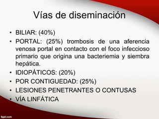 Vías de diseminación
• BILIAR: (40%)
• PORTAL: (25%) trombosis de una aferencia
venosa portal en contacto con el foco infeccioso
primario que origina una bacteriemia y siembra
hepática.
• IDIOPÁTICOS: (20%)
• POR CONTIGUEDAD: (25%)
• LESIONES PENETRANTES O CONTUSAS
• VÍA LINFÁTICA
 