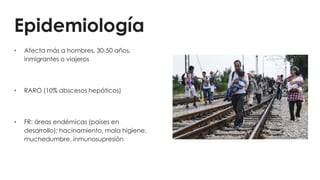 Epidemiología
• Afecta más a hombres, 30-50 años,
inmigrantes o viajeros
• RARO (10% abscesos hepáticos)
• FR: áreas endémicas (países en
desarrollo); hacinamiento, mala higiene,
muchedumbre, inmunosupresión
 
