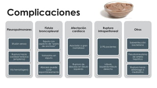 Complicaciones
Pleuropulmonares
Efusión serosa
Ruptura hacia
cavidad torácica
(empiema)
Vía hematógena
Fístula
broncopleural
Esputo con
aspecto de “pasta
de anchoas”
Trofozoitos en
esputo
Absceso puede
curar
espontáneamente
Afectación
cardíaca
Asociado a gran
mortalidad
Ruptura de
absceso en lóbulo
izquierdo
Ruptura
intraperitoneal
2-7% pacientes
Lóbulo
izquierdo>lóbulo
derecho
Otros
Sobreinfección
bacteriana
Pseudoaneurisma
de arteria
hepática
Ruptura hacia
estómago o
mediastino
 
