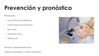 Prevención y pronóstico
Prevención:
• No hay fármacos profilácticos
• Control adecuado de excretas
• Hervir agua
• Lavado de manos
• Desinfección
Pronóstico: Generalmente bueno
-Resolución radiológica: 12 meses (promedio)
 