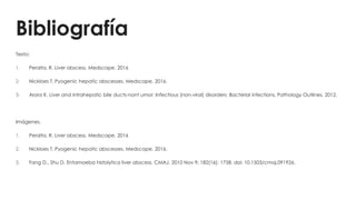 Bibliografía
Texto:
1. Peralta, R. Liver abscess. Medscape. 2016
2. Nickloes T. Pyogenic hepatic abscesses. Medscape. 2016.
3. Arora K. Liver and intrahepatic bile ducts-nont umor: Infectious (non-viral) disorders: Bacterial infections. Pathology Outlines. 2012.
Imágenes.
1. Peralta, R. Liver abscess. Medscape. 2016
2. Nickloes T. Pyogenic hepatic abscesses. Medscape. 2016.
3. Fang D., Shu D. Entamoeba histolytica liver abscess. CMAJ. 2010 Nov 9; 182(16): 1758. doi: 10.1503/cmaj.091926.
 