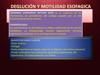 ESPASMOS ESOFAGICOS DIFUSOS (EED) Es un trastorno de los 
movimientos de peristaltismo del esófago causado por un mal 
funcionamiento de los nervios. 
FISIOPATOLOGIA: 
Las contracciones no peristálticas se deben a disfunción de los nervios 
inhibidores. La histopatología muestra degeneración nerviosa 
segmentaria localizada en las prolongaciones nerviosas 
MANIFESTACIONES CLINICAS: 
•Dolor torácico 
•Disfagia 
•Suele presentarse en reposo, aparecer al deglutir o por stress emocional 
•Puede confundirse con contracción peristáltica hipertensiva, EEI 
hipertensivo, EEI hipercontractil y un infarto. 
 