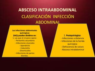 CLASIFICACIÓN INFECCIÓN 
ABDOMINAL 
: Las infecciones abdominales 
quirúrgicas 
(IAQ) pueden dividirse en: 
1. Las que el cirujano opera: 
- Peritonitis secundaria 
- Infecciones viscerales 
- Apendicitis 
- Colecistitis 
- Diverticulitis 
- Infecciones de partes 
blandas. 
2. Postquirúrgica: 
- Infecciones a distancia 
- Infecciones de la herida 
quirúrgica 
- Dehiscencia de sutura 
- Absceso intrabdominal 
 