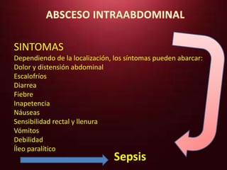 SINTOMAS 
Dependiendo de la localización, los síntomas pueden abarcar: 
Dolor y distensión abdominal 
Escalofríos 
Diarrea 
Fiebre 
Inapetencia 
Náuseas 
Sensibilidad rectal y llenura 
Vómitos 
Debilidad 
Íleo paralítico 
Sepsis 
 