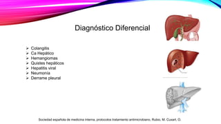 Diagnóstico Diferencial
 Colangitis
 Ca Hepático
 Hemangiomas
 Quistes hepáticos
 Hepatitis viral
 Neumonía
 Derrame pleural
Sociedad española de medicina interna, protocolos tratamiento antimicrobiano, Rubio, M. Cuxart, O.
 