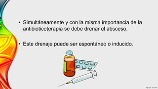 • Simultáneamente y con la misma importancia de la
antibioticoterapia se debe drenar el absceso.
• Este drenaje puede ser espontáneo o inducido.
 