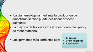 • La vía hematógena mediante la producción de
embolismo séptico puede ocasionar absceso
pulmonar.
• La mayoría de las veces los abscesos son múltiples y
de menor tamaño.
• Los gérmenes más corrientes son:
• S. aureus
• Gram negativos
• Anaerobios
 