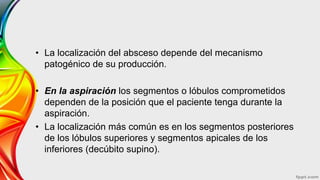 • La localización del absceso depende del mecanismo
patogénico de su producción.
• En la aspiración los segmentos o lóbulos comprometidos
dependen de la posición que el paciente tenga durante la
aspiración.
• La localización más común es en los segmentos posteriores
de los lóbulos superiores y segmentos apicales de los
inferiores (decúbito supino).
 