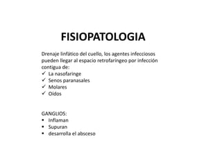 FISIOPATOLOGIA
Drenaje linfático del cuello, los agentes infecciosos
pueden llegar al espacio retrofaríngeo por infección
contigua de:
 La nasofaringe
 Senos paranasales
 Molares
 Oídos
GANGLIOS:
 Inflaman
 Supuran
 desarrolla el absceso
 