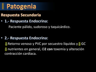 Paciente pálido, sudoroso y taquicárdico.



  Retorno venoso y PVC por secuestro líquidos y GC
  nutrientes en general, O2 con toxemia y alteración
contracción cardiaca.
 