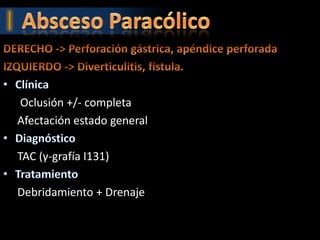 Oclusión +/- completa
Afectación estado general

TAC (γ-grafía I131)

Debridamiento + Drenaje
 
