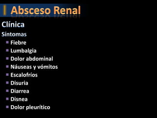  Fiebre
 Lumbalgia
 Dolor abdominal
 Náuseas y vómitos
 Escalofríos
 Disuria
 Diarrea
 Disnea
 Dolor pleurítico
 