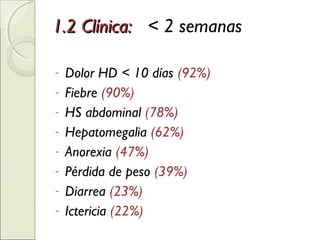1.2 Clínica:1.2 Clínica: < 2 semanas
- Dolor HD < 10 días (92%)
- Fiebre (90%)
- HS abdominal (78%)
- Hepatomegalia (62%)
- Anorexia (47%)
- Pérdida de peso (39%)
- Diarrea (23%)
- Ictericia (22%)
 