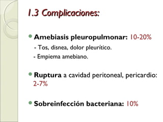 1.3 Complicaciones:1.3 Complicaciones:
Amebiasis pleuropulmonar: 10-20%
- Tos, disnea, dolor pleurítico.
- Empiema amebiano.
Ruptura a cavidad peritoneal, pericardio:
2-7%
Sobreinfección bacteriana: 10%
 