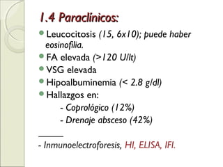 1.4 Paraclínicos:1.4 Paraclínicos:
Leucocitosis (15, 6x10); puede haber
eosinofilia.
FA elevada (>120 U/lt)
VSG elevada
Hipoalbuminemia (< 2.8 g/dl)
Hallazgos en:
- Coprológico (12%)
- Drenaje absceso (42%)
_____
- Inmunoelectroforesis, HI, ELISA, IFI.
 
